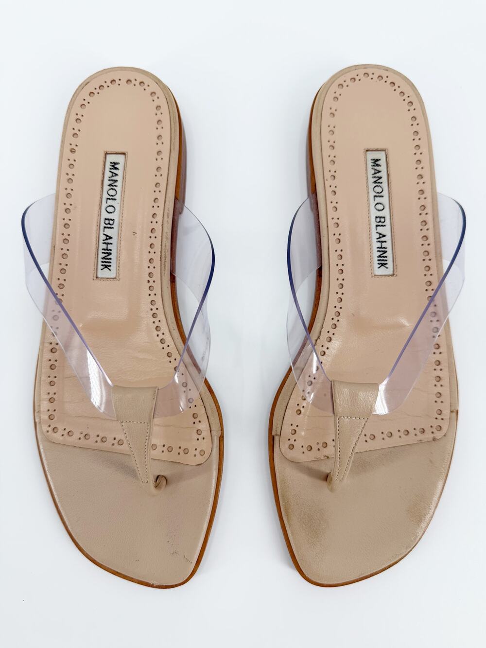 Manolo Blahnik Sandals Scolto Flat Mules Tan Transparent PVC Size 36.5 Flip Flop